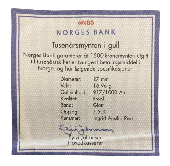 16.97g .917Au (1/2oz) (SPOT + 2%)Tusenårsmynten i skrin fra Samlerhuset