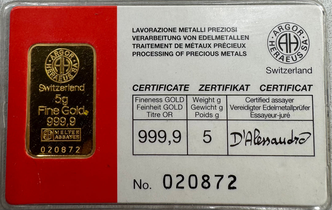 5g .999Au Gullbarre Argor-Heraeus SA Sveits