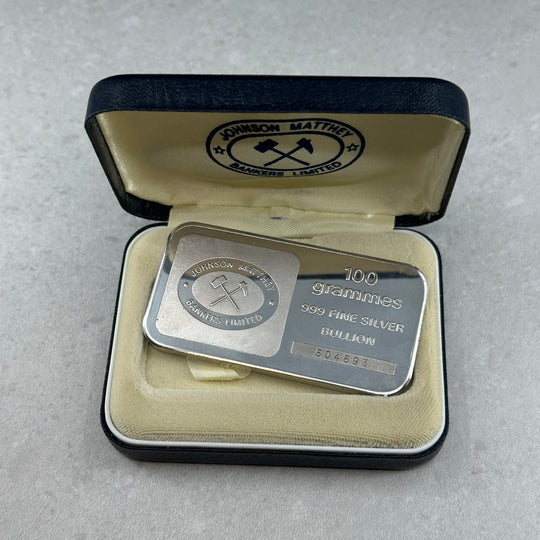 100g .999Ag Johnson Matthey Bullion i skrin