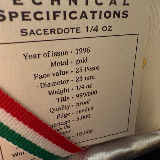 1/4oz .999oz (Spot+2%) 25 Pesetas 1996 Mexico