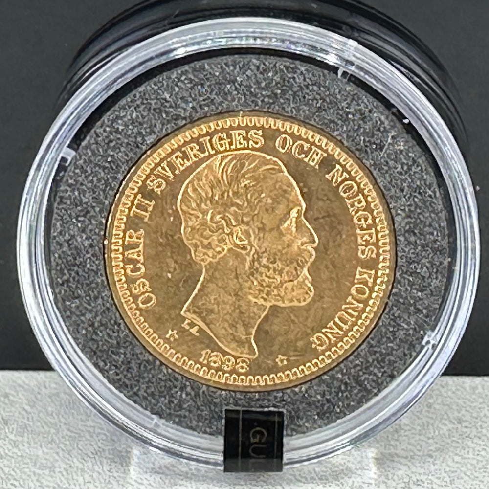 8,96g .900Au 20kr Sverige 1898 Nummert i skrin og serfikat Nr.1934/1940 Gulltransporten 70år