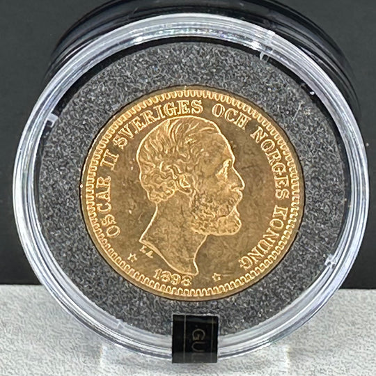 8,96g .900Au 20kr Sverige 1898 Nummert i skrin og serfikat Nr.1934/1940 Gulltransporten 70år
