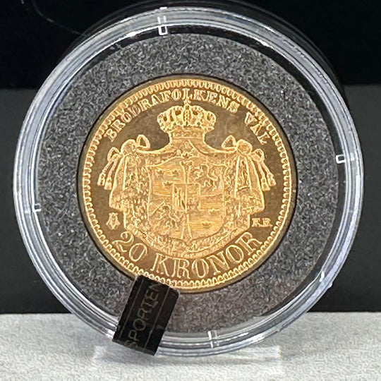 8,96g .900Au 20kr Sverige 1898 Nummert i skrin og serfikat Nr.1934/1940 Gulltransporten 70år