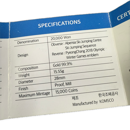 1/2oz .999Au (Spot+2%) 20,000 Won 2018 PyeongChang 2018 Winter Olympics