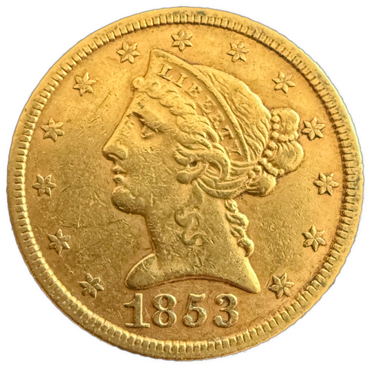 8.35g .900Au (Spot+2%) $5 1853 Coronet Head USA