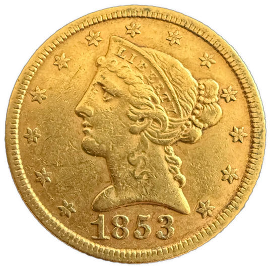 8.35g .900Au (Spot+2%) $5 1853 Coronet Head USA