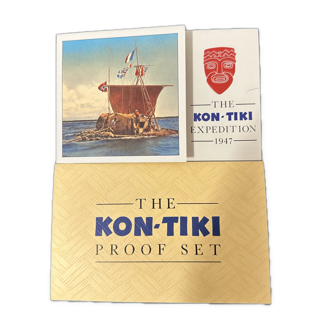 Kon-Tiki Proof sett i gull, sølv og palladium. Signert av Thor Heyerdahl og Knut M. Haugland