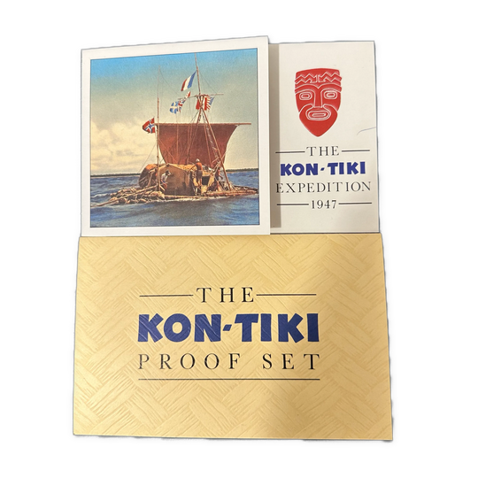 Kon-Tiki Proof sett i gull, sølv og palladium. Signert av Thor Heyerdahl og Knut M. Haugland