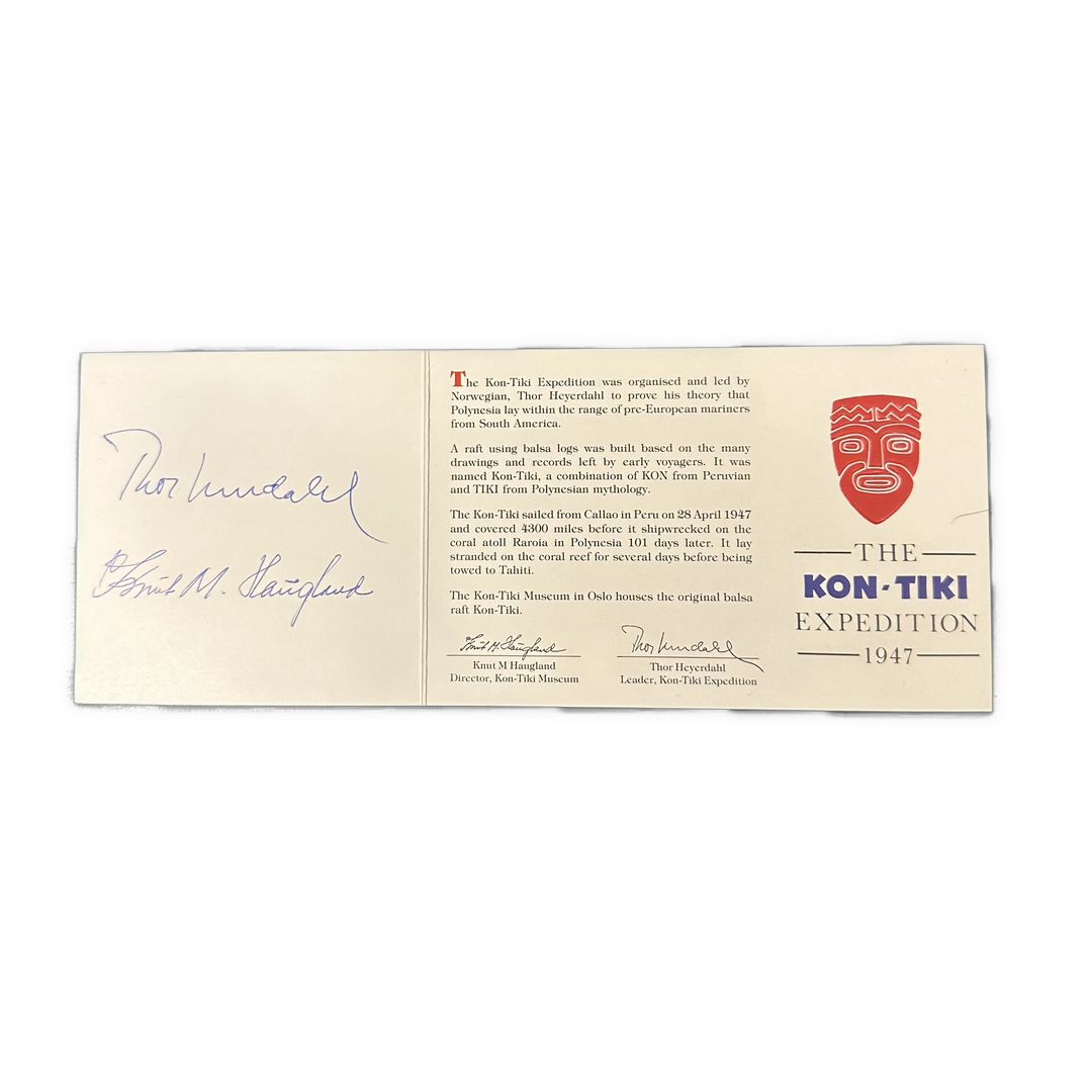 Kon-Tiki Proof sett i gull, sølv og palladium. Signert av Thor Heyerdahl og Knut M. Haugland
