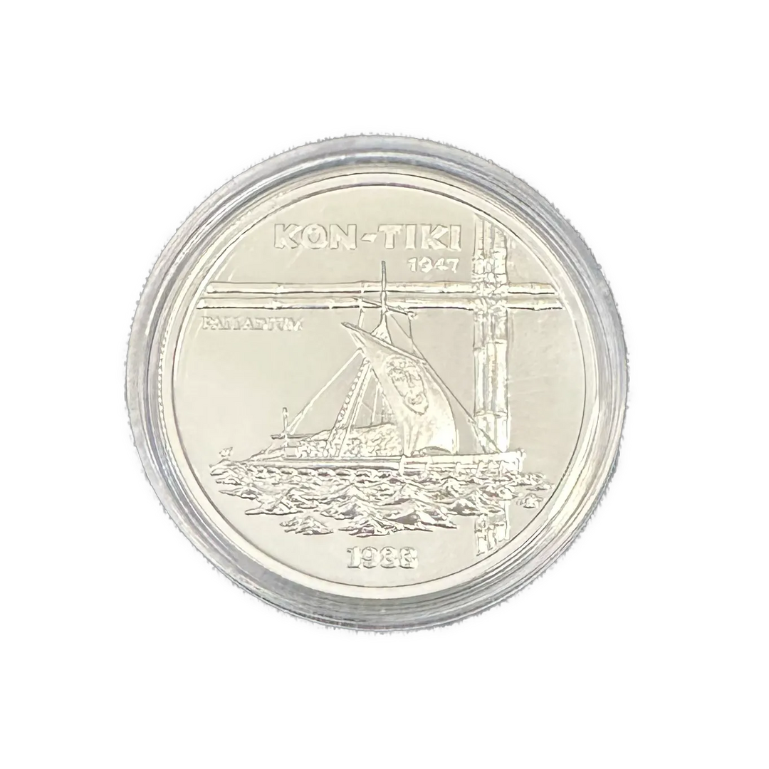 Kon-Tiki Proof sett i gull, sølv og palladium. Signert av Thor Heyerdahl og Knut M. Haugland