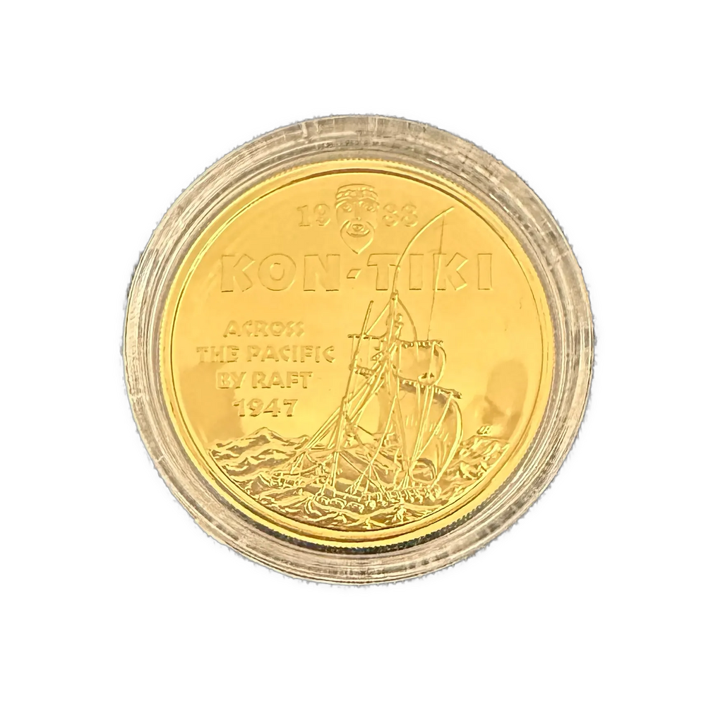 Kon-Tiki Proof sett i gull, sølv og palladium. Signert av Thor Heyerdahl og Knut M. Haugland
