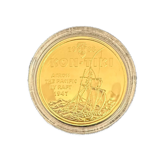 Kon-Tiki Proof sett i gull, sølv og palladium. Signert av Thor Heyerdahl og Knut M. Haugland