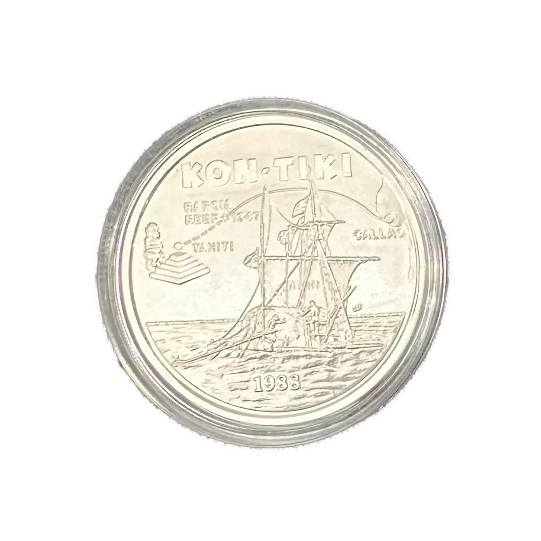 Kon-Tiki Proof sett i gull, sølv og palladium. Signert av Thor Heyerdahl og Knut M. Haugland