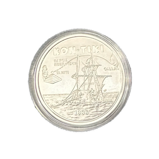 Kon-Tiki Proof sett i gull, sølv og palladium. Signert av Thor Heyerdahl og Knut M. Haugland
