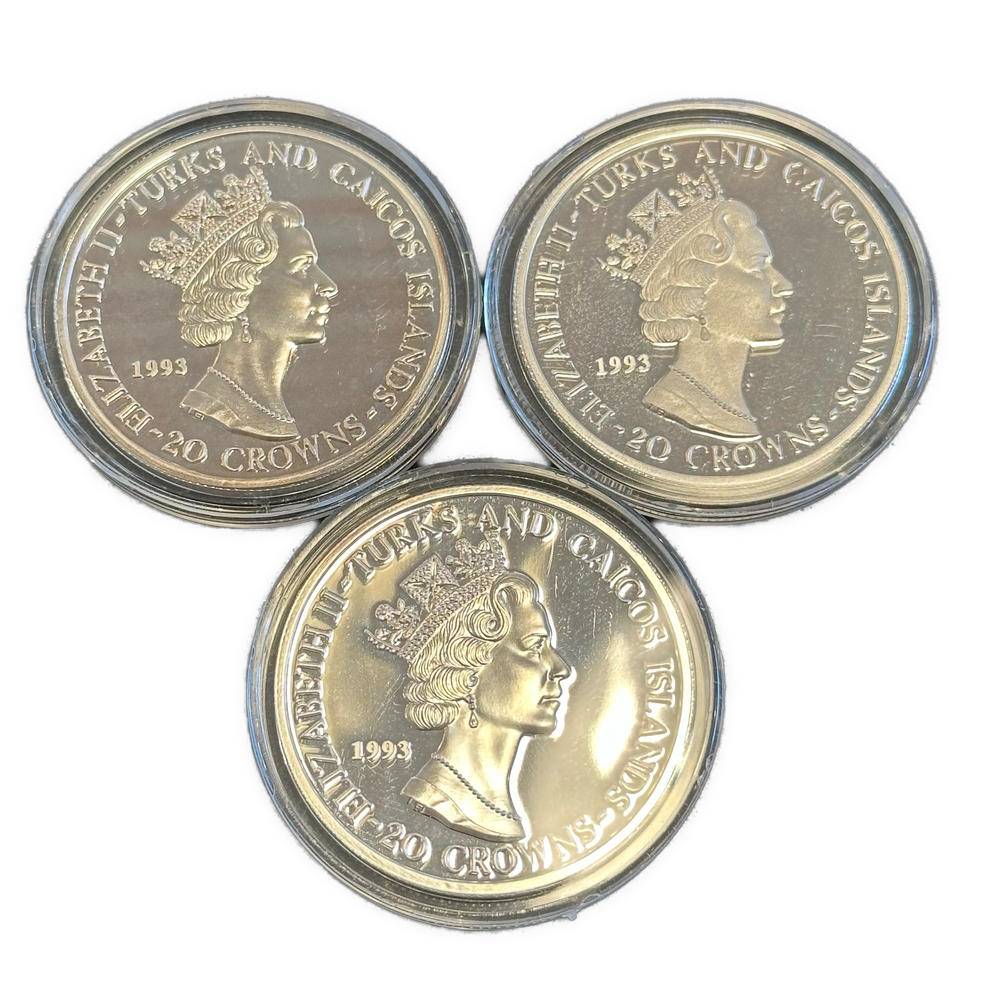 3oz .999Ag (SPOT) 20Crowns Turks and Caicos Islands world cup USA 1994 (Patina)