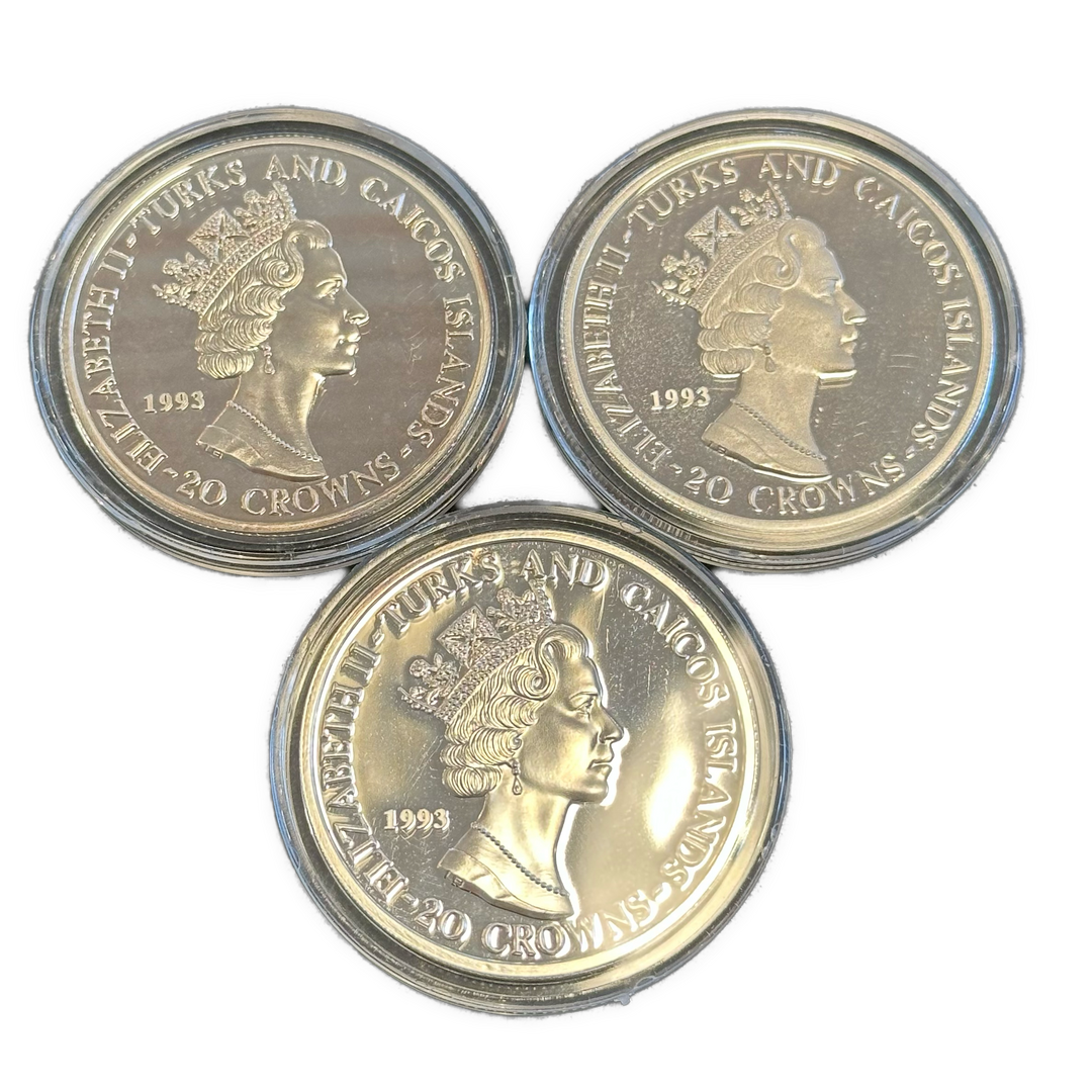 3oz .999Ag (SPOT) 20Crowns Turks and Caicos Islands world cup USA 1994 (Patina)