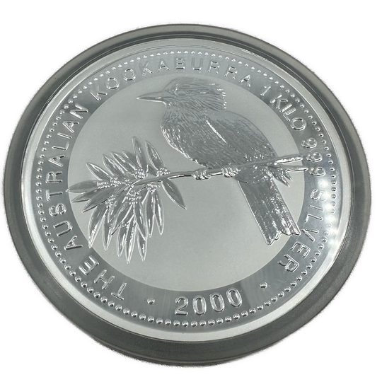 1KG .999Ag $30 Kookaburra Australia 2000 i Skrin