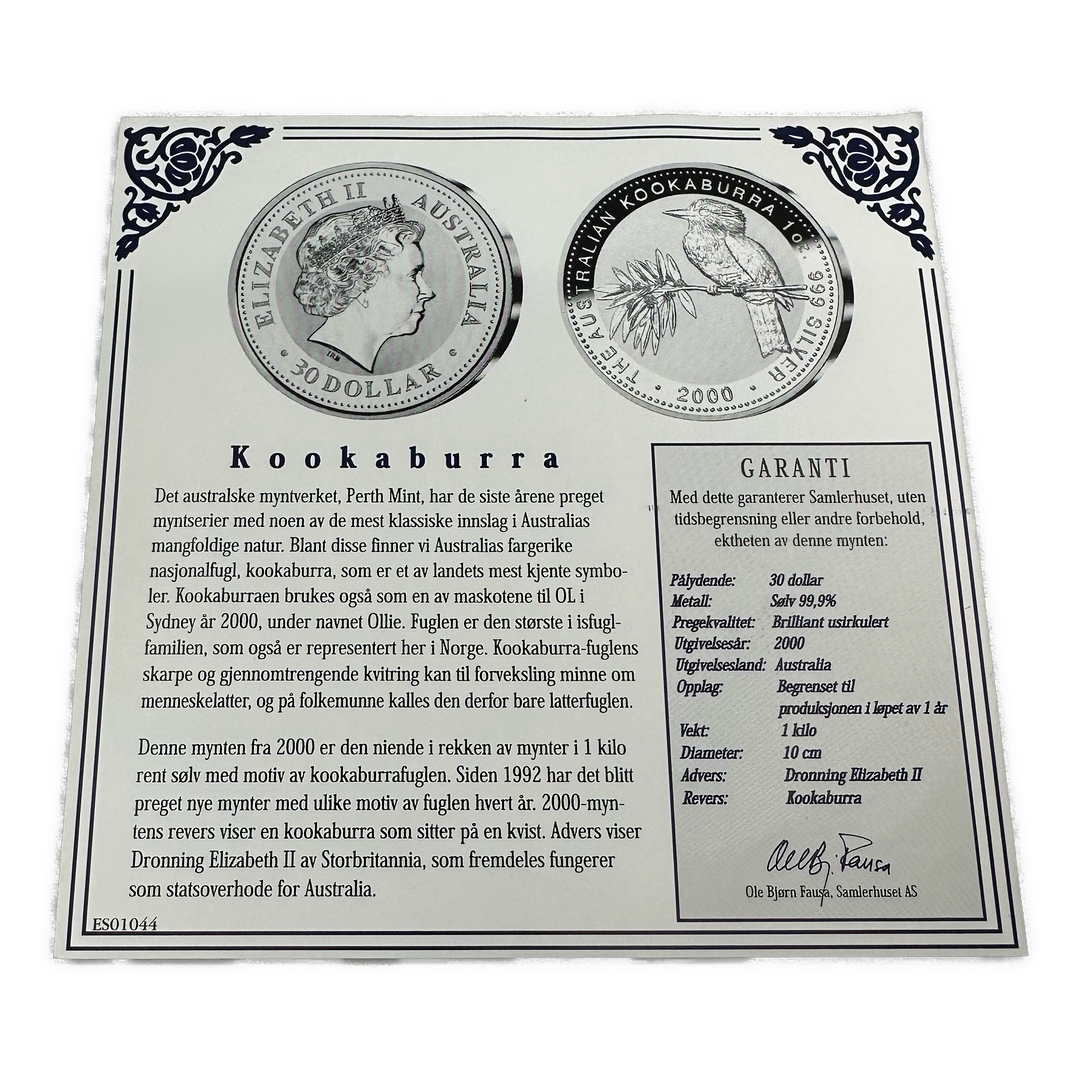 1KG .999Ag $30 Kookaburra Australia 2000 i Skrin