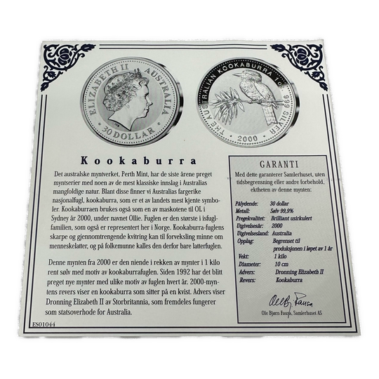 1KG .999Ag $30 Kookaburra Australia 2000 i Skrin