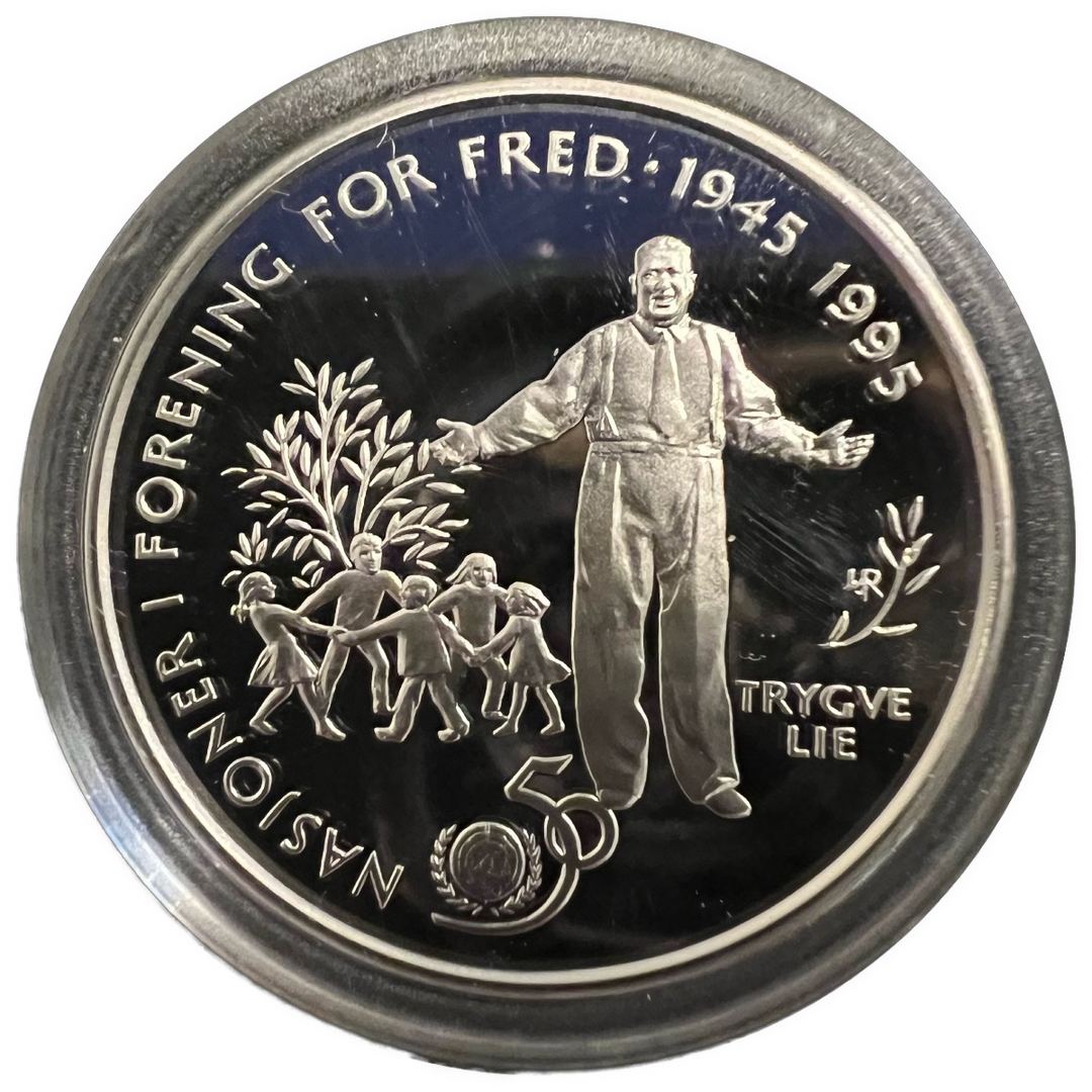 1/2oz .999Ag SPOT+2% (16.8g .925) 50Kr 1995 Trygve Lie i kapsel