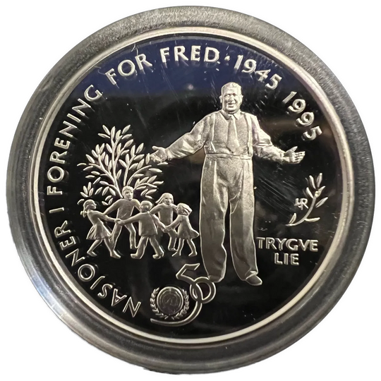 1/2oz .999Ag(NetWeight)SPOT(16.8g .925) 50Kr 1995 Trygve Lie i kapsel