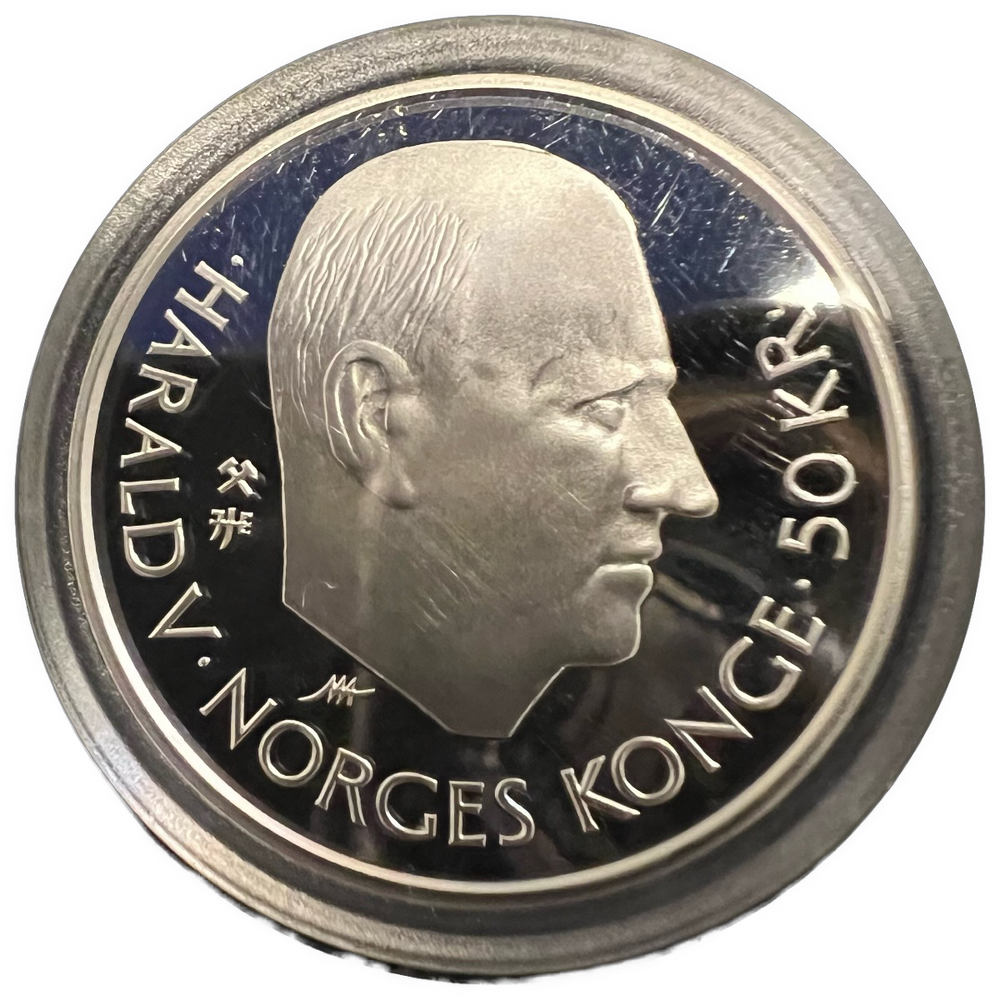 1/2oz .999Ag SPOT+2% (16.8g .925) 50Kr 1995 Trygve Lie i kapsel