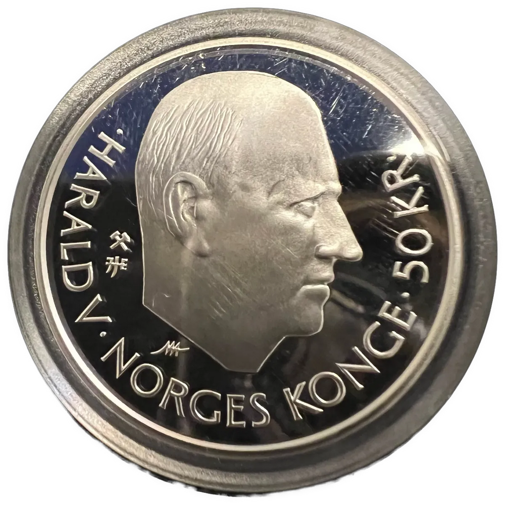 1/2oz .999Ag(NetWeight)SPOT(16.8g .925) 50Kr 1995 Trygve Lie i kapsel