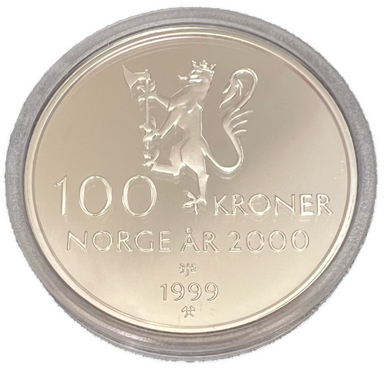 33.8g .925Ag (SPOT) 100Kr Tusenårsmynten i Sølv med kapsel