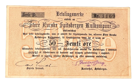 50 Øre 1919/20 Spitsbergen Kulkompani kv.1/1+