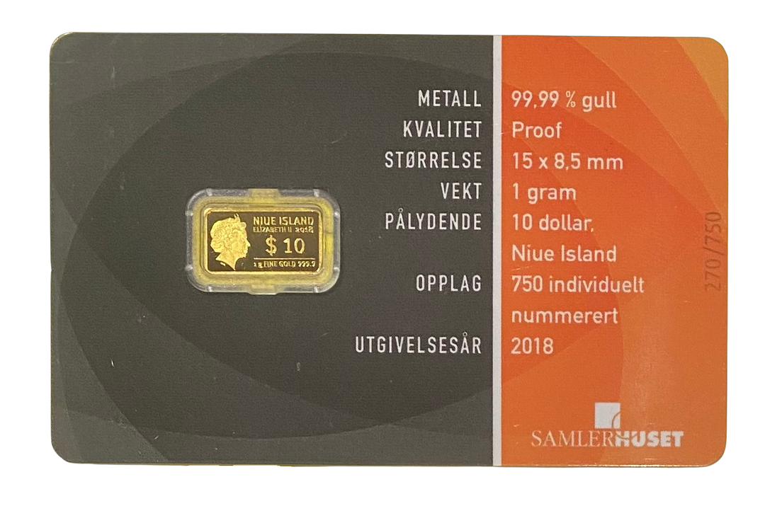 1g .999 Gold $10 Niue Island 2018 (2% over spot) Bergen Brygge