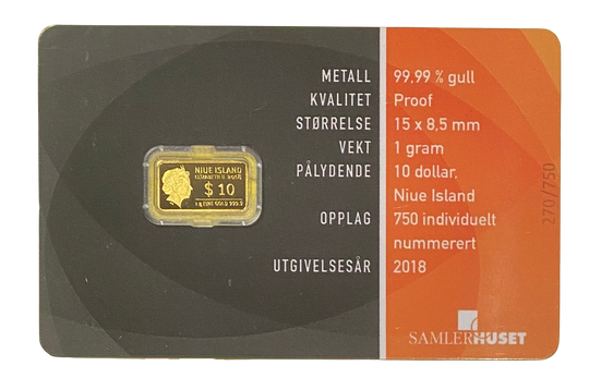 1g .999 Gold $10 Niue Island 2018 (2% over spot) Bergen Brygge