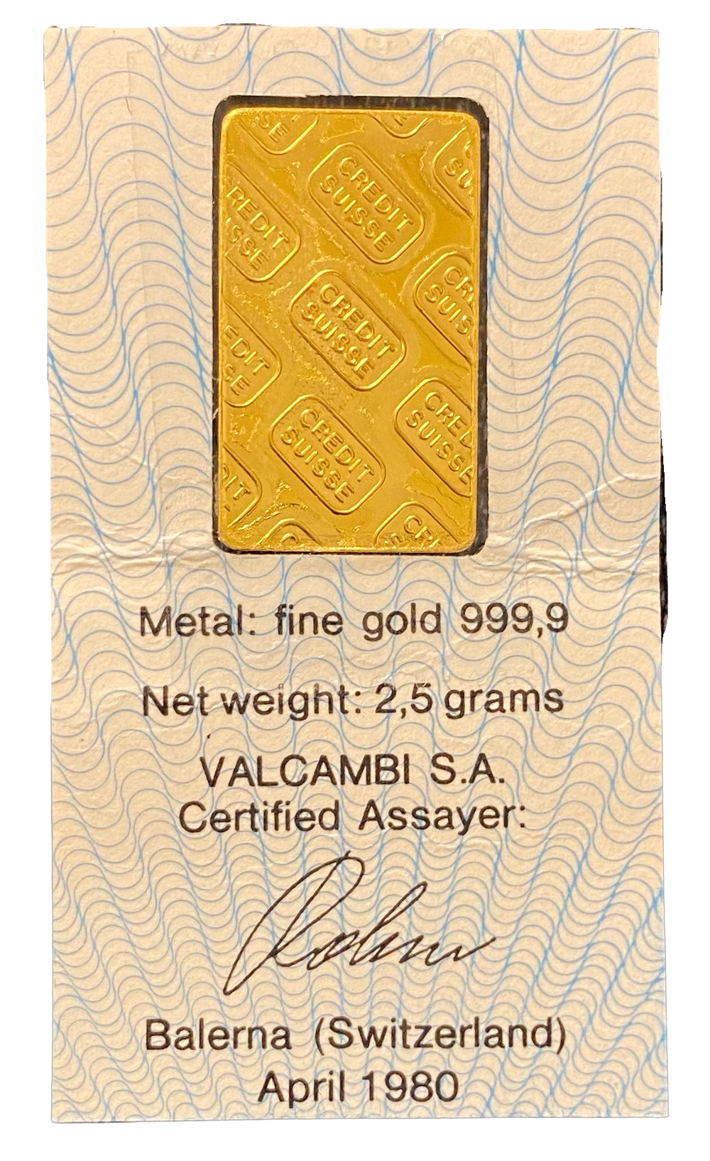 2.5g .999 Gold bar Credit Suisse Zurich 1980