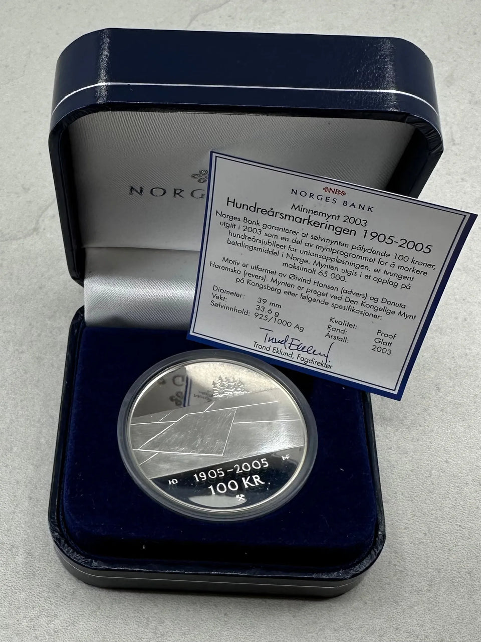 33.8g .925 Silver (SPOT+4%)100Kr 2003 Norge Unionsoppløsningen i eske