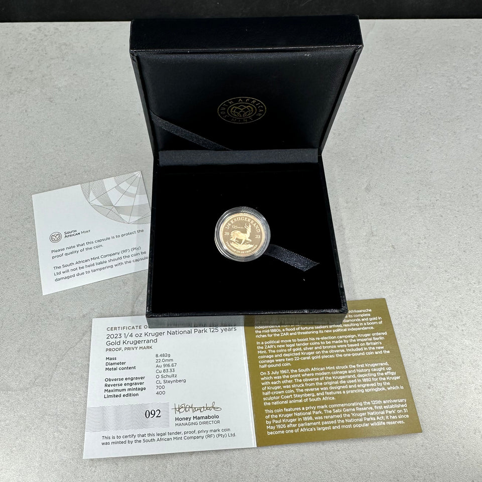 1/4oz .999Au Krugerrand Sør Afrika 2023 i skrin m/serfikat